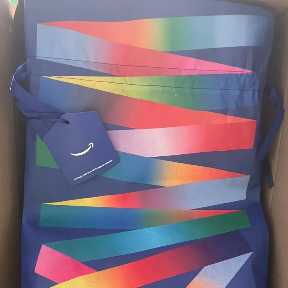 EUC 1 Amazon Multicolor Reusable Drawstring W/Shoulder Strap Satchel Gift Bag